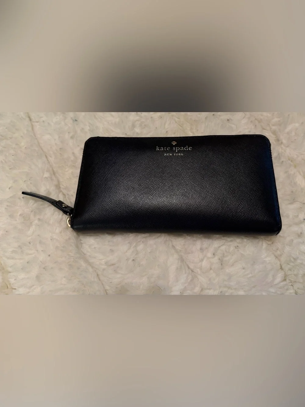 Kate Spade Black Textured Leather Logo Wallet with Gold Accents
